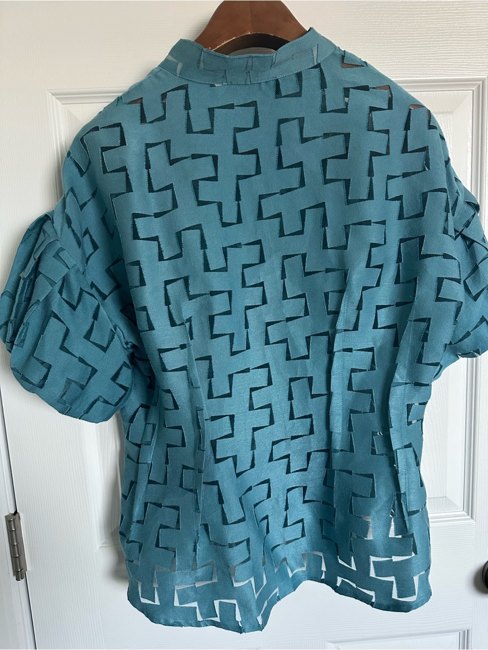Gracia Teal blue Geometric Short-Sleeve Button-Up Shirt Large - Picture 2 of 10